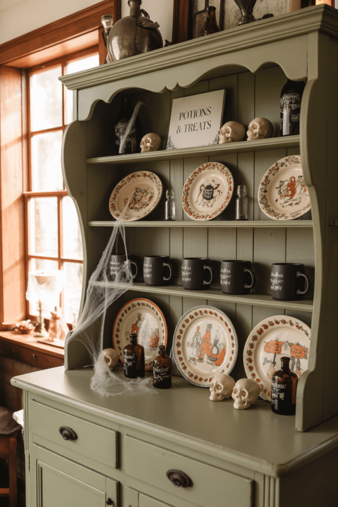 As a part of halloween kitchen decor this picture shows Halloween hutch display with spooky dishware, skulls, and potion bottles