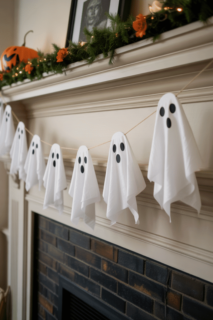 DIY ghost garland hanging above a Halloween fireplace