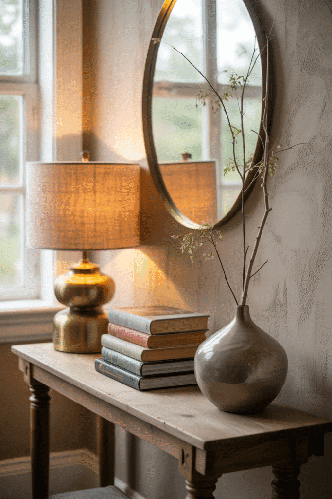 As a part of entryway accent wall this picture shows styled console table with mirror and accent wall makes the entryway feel welcoming and curated.