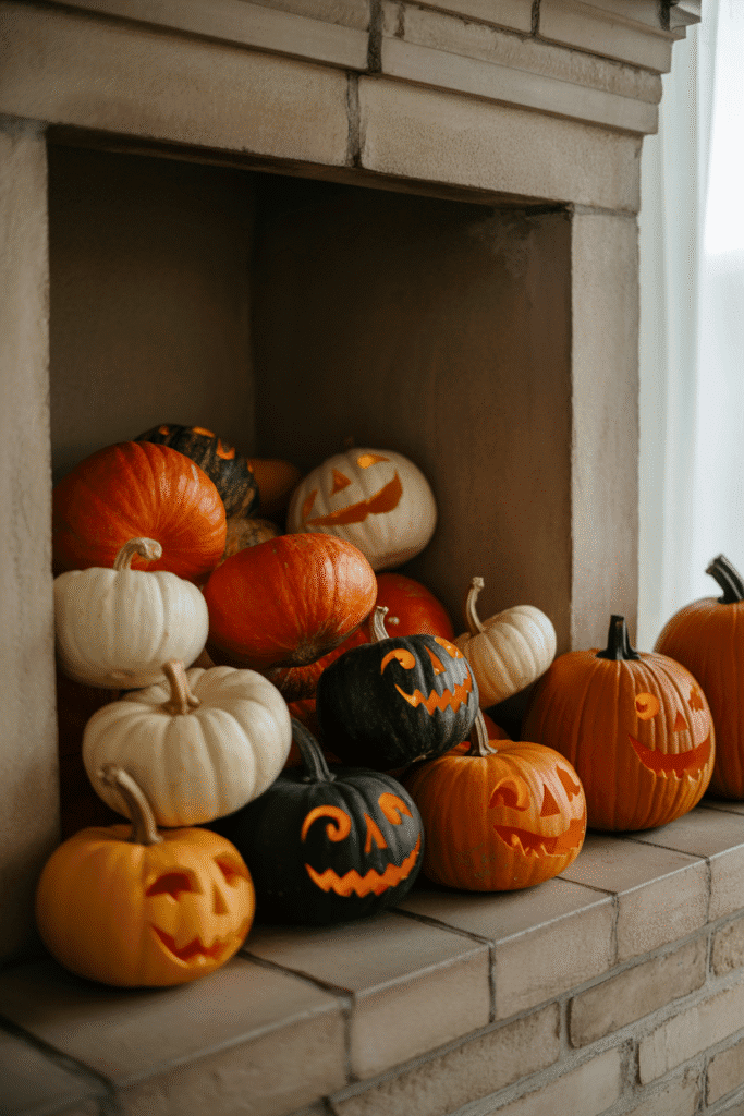 Fireplace filled with pumpkins for Halloween decoration