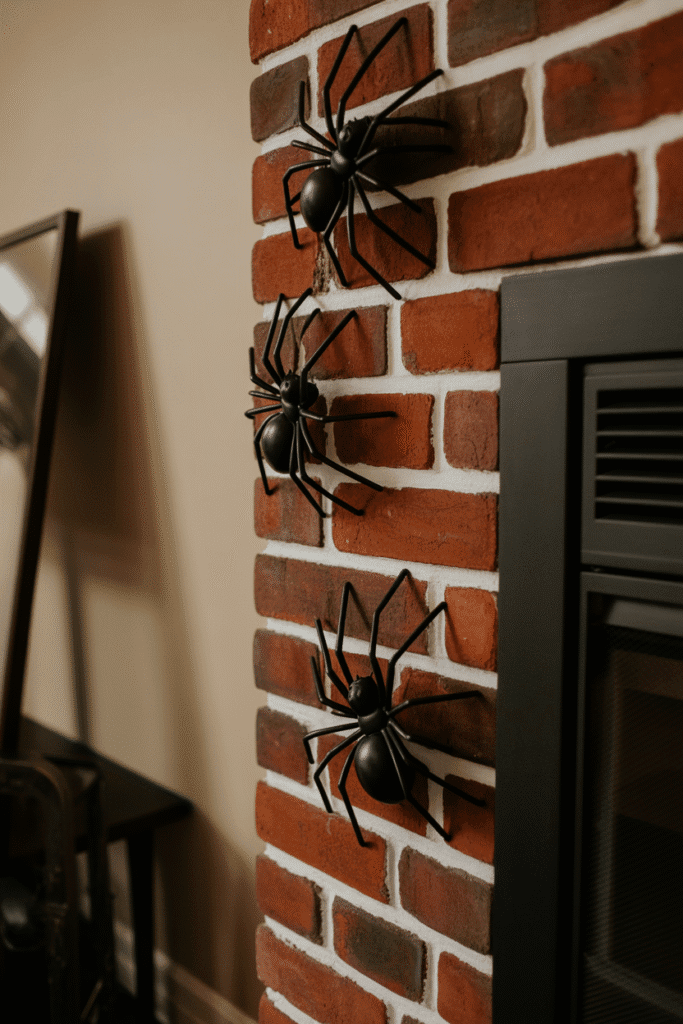 Halloween fireplace with spiders crawling up the brick