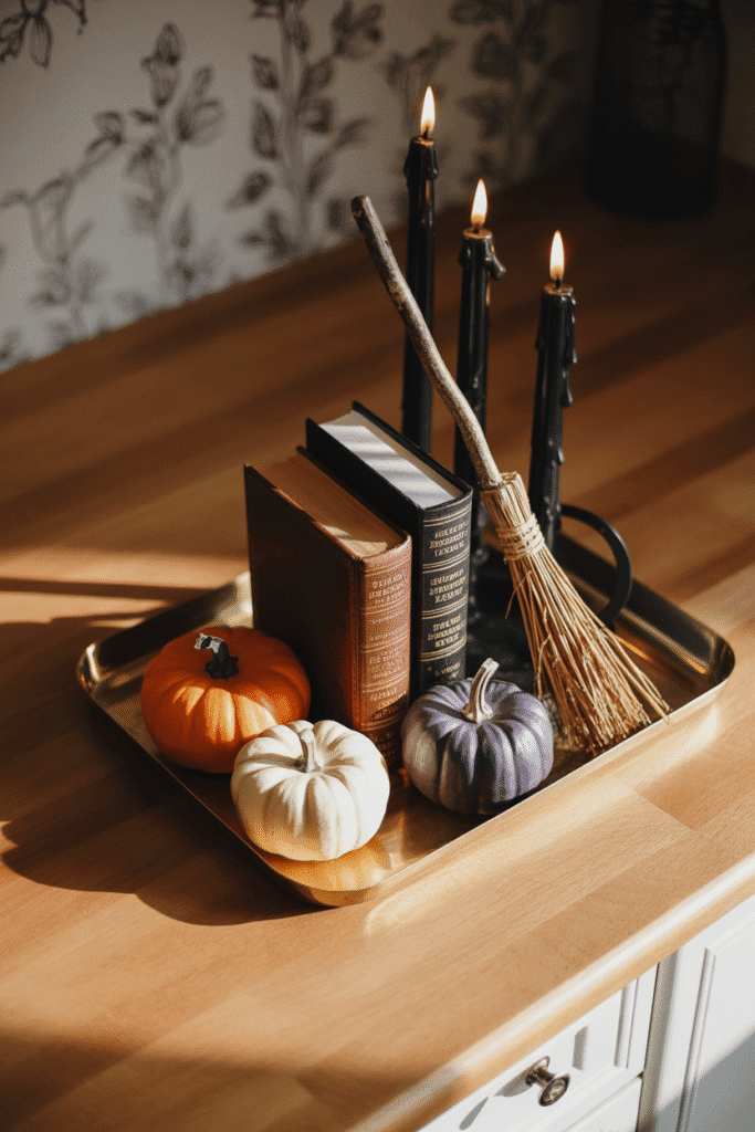 Halloween countertop vignette with pumpkins and witchy accents