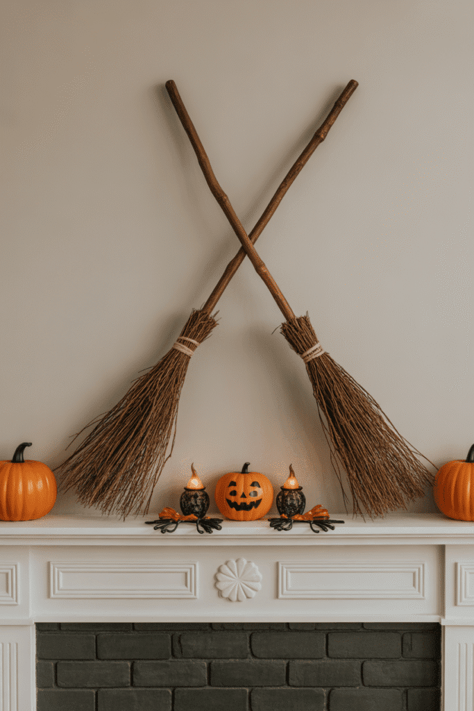 Crossed broomsticks as a witchy wall decor above fireplace