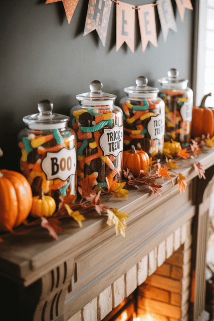 Candy jars on Halloween fireplace mantel for trick-or-treaters