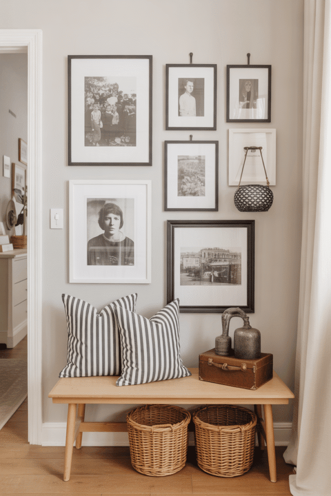 Gallery wall filled with mixed frames and personal art brings warmth to the entry space.
