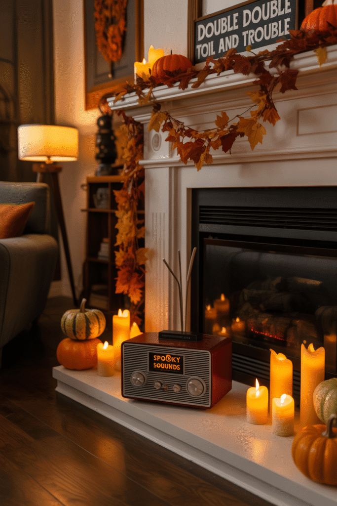 Halloween fireplace with scented candles and ambient sound setup