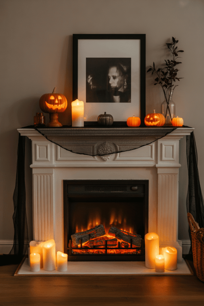 Halloween fireplace with scented candles and ambient sound setup