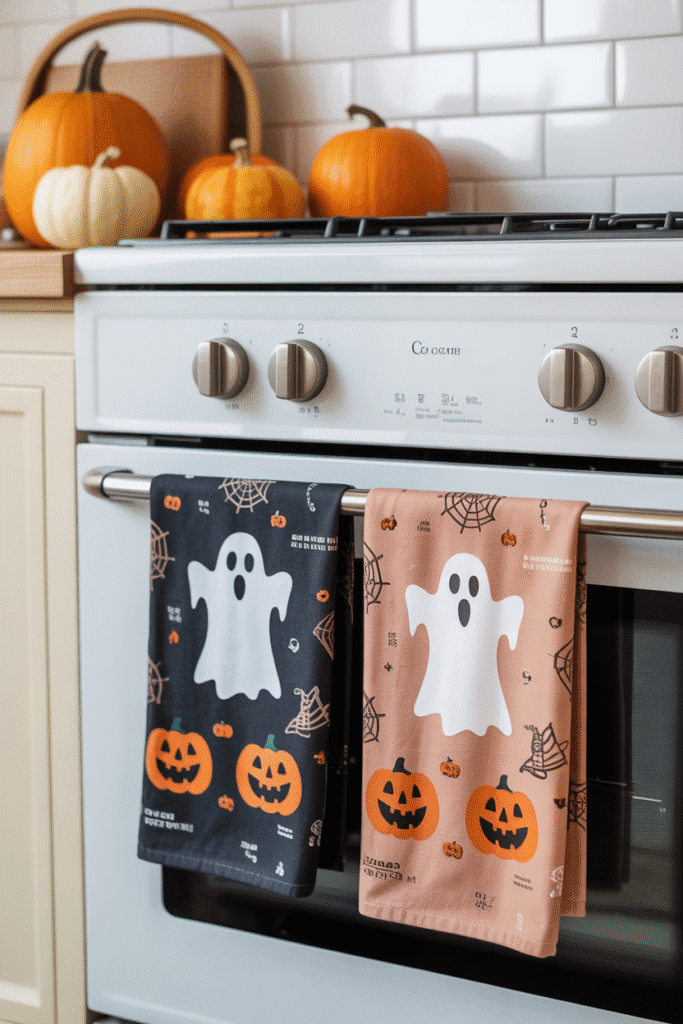 Halloween kitchen with festive ghost and pumpkin print dish towels