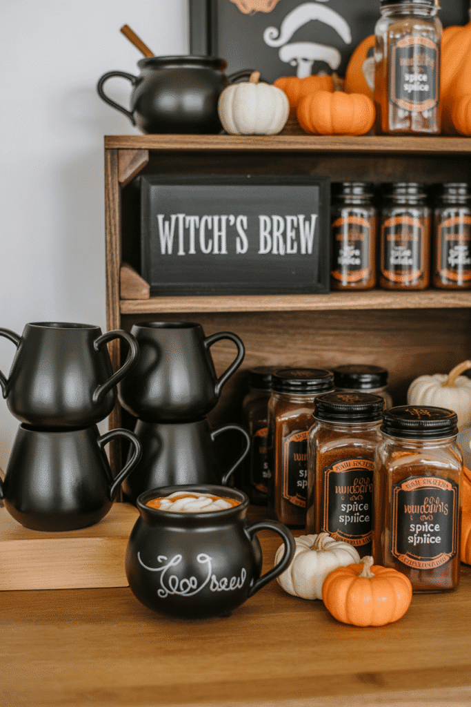 Witch-inspired Halloween coffee station with themed mugs and decor