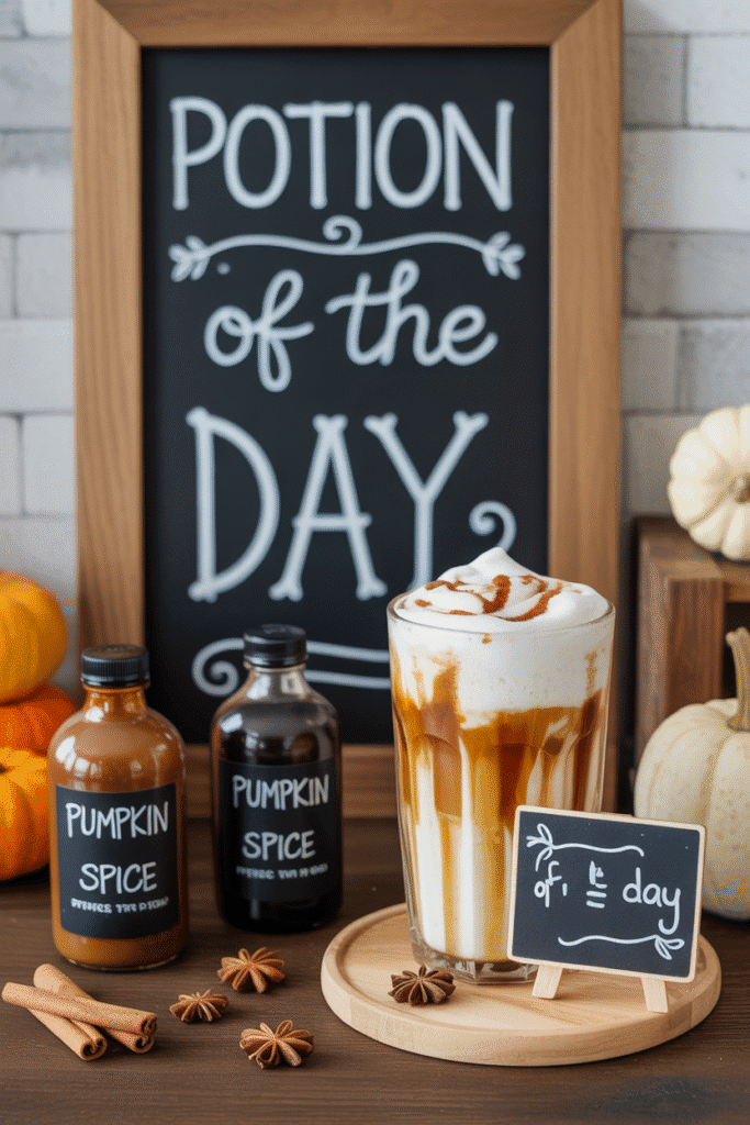 Pumpkin spice themed kitchen coffee setup with fall flavors