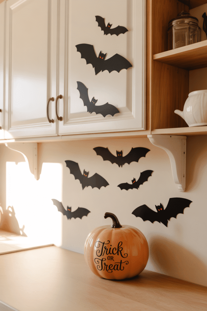 Kitchen wall decorated with Halloween bat decals flying in formation