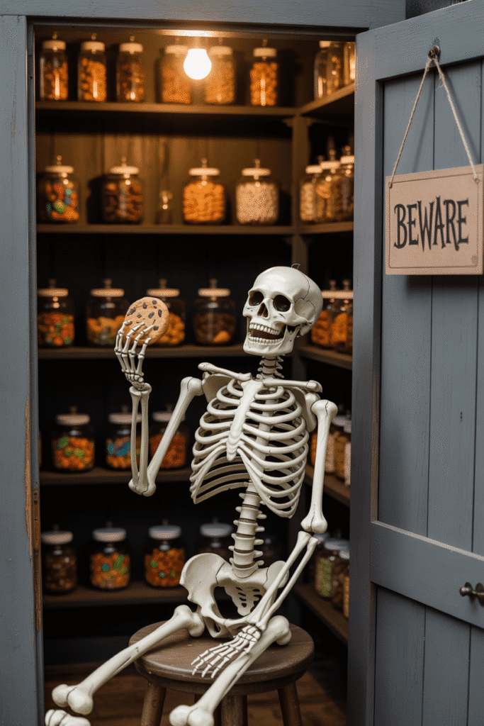 Halloween skeleton sitting inside a kitchen pantry as spooky decor