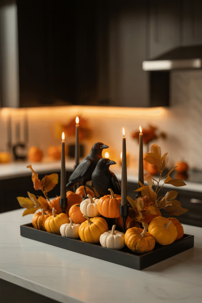 Halloween kitchen island centerpiece with pumpkins and moody decor