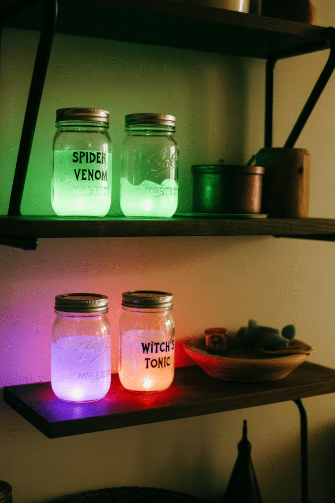 Glowing Halloween jars with spooky potion labels on kitchen shelf