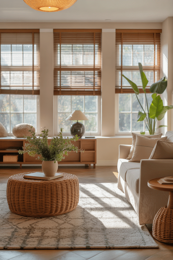 As a part of best type of blinds for living rooms this picture shows a living room with wooden blinds that add warmth, texture, and a classic touch to the space.

