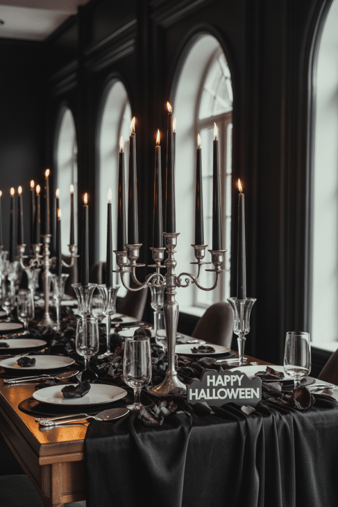 Halloween dining table with a dramatic black tablecloth and moody candlelight decor