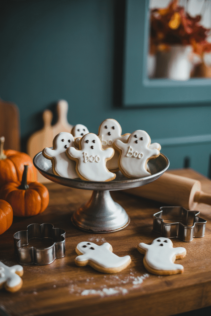 Halloween baking station with themed cookies and ghost bakeware