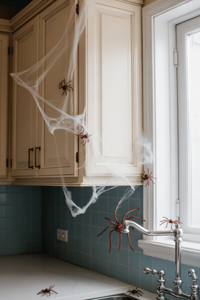 Halloween kitchen cabinets covered with cobwebs and spooky spiders