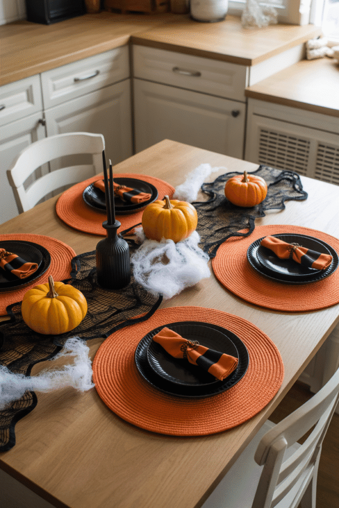 Halloween kitchen table decorated with black and orange accents