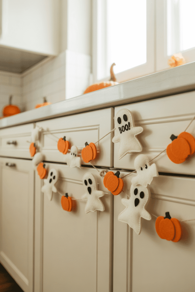 Halloween kitchen cabinets decorated with small ghost cutouts and festive touches