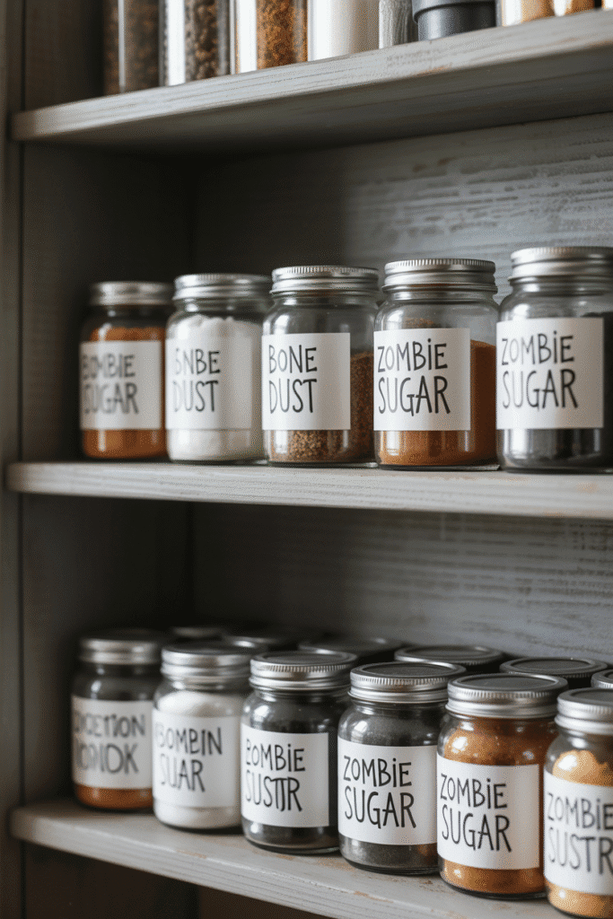Halloween potion-labeled jars on kitchen shelf for themed decor
