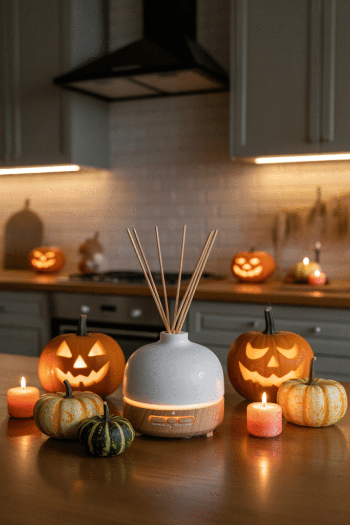 Kitchen decorated with Halloween candles and fall-scented diffuser