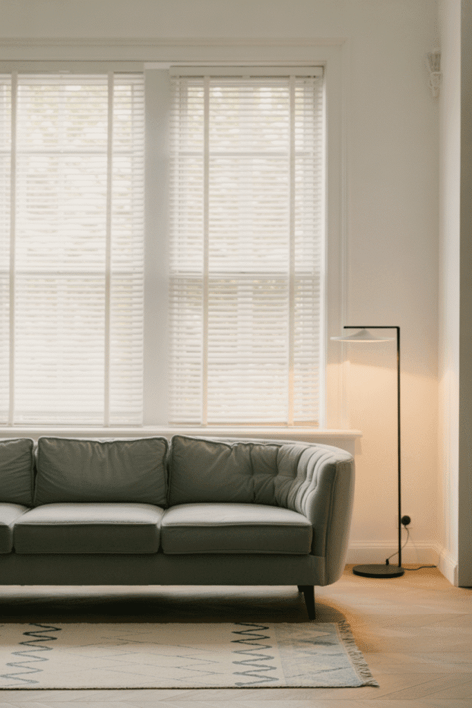 Faux wood blinds in a light finish provide durability and style in a bright, minimalist living room.