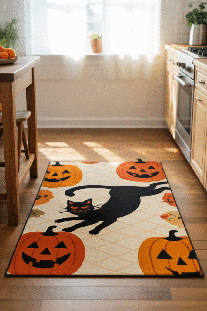 Halloween kitchen rug with festive pumpkin and black cat design