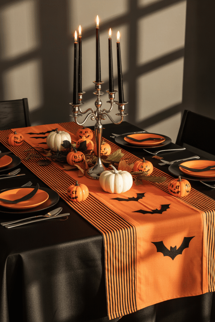 Halloween table with layered runners featuring pumpkins and bats for a festive look