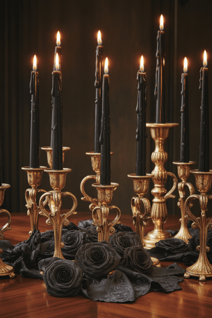 Dripping wax candlesticks as spooky Halloween dining table decor