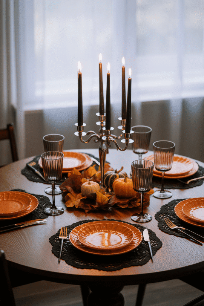 Halloween-themed dinnerware with pumpkin plates and spooky table accents