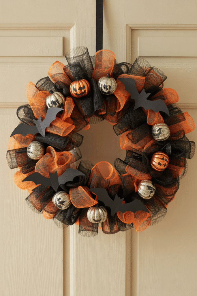 As a part of halloween wreath ideas this picture shows a classic black and orange Halloween mesh wreath with festive accents like bats and pumpkins