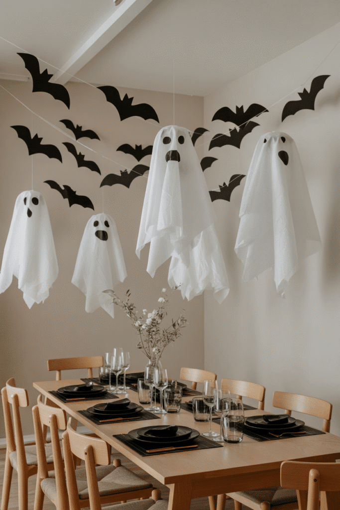 Floating ghosts and bats above a Halloween dining table for spooky atmosphere