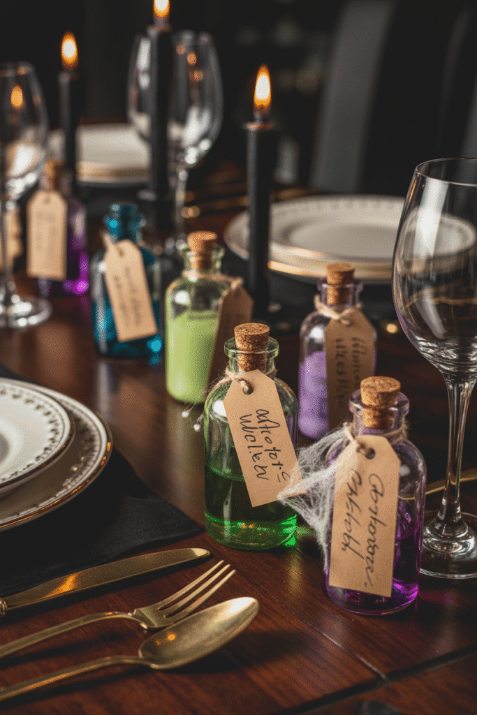 Mini potion bottles used as decor accents on a Halloween dining table