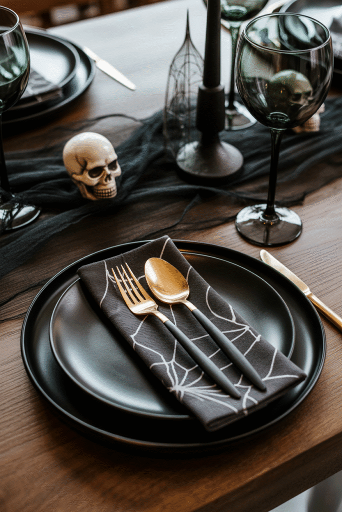 Black charger plates and spooky Halloween place setting with themed accents