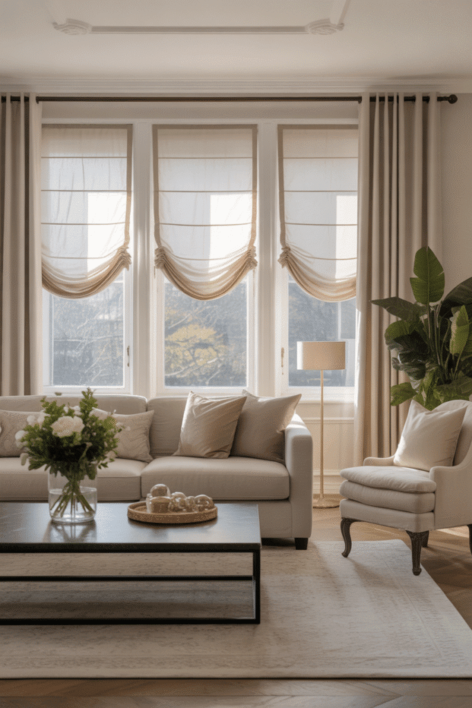 Roman shades add fabric softness and elegance to a formal living room window treatment.

