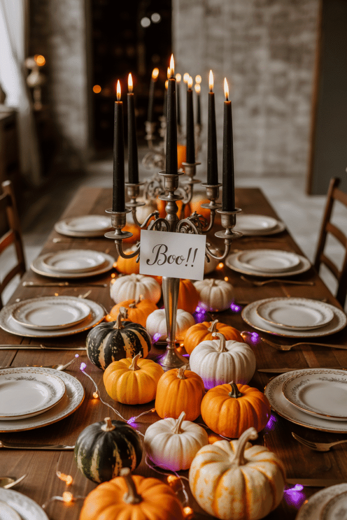 Halloween dining table illuminated with festive LED string lights