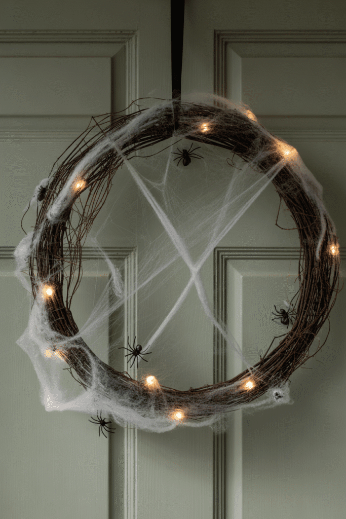 Halloween wreath with spider webs and creepy crawlies, adding a spooky touch