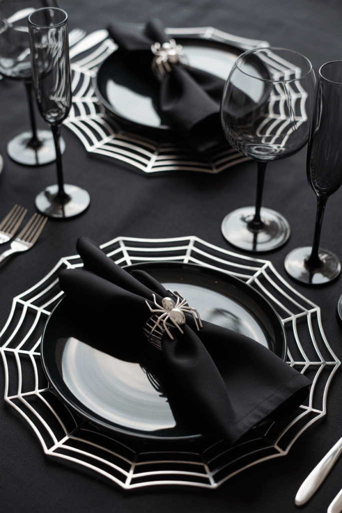 Halloween place setting with spider web charger plates and spooky tableware