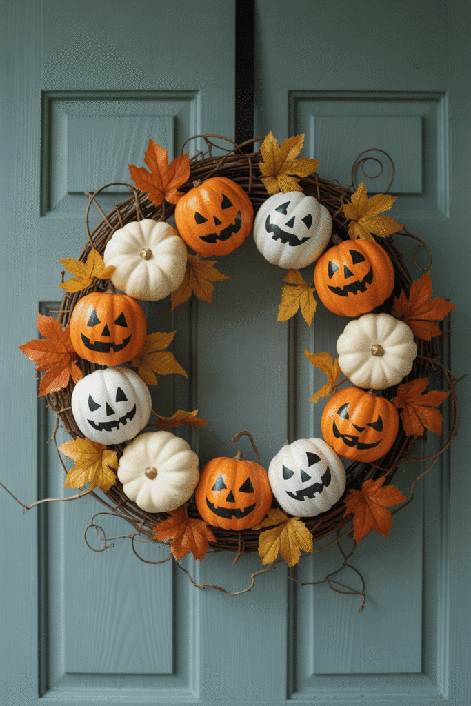 Halloween wreath with mini pumpkins, fall leaves, and curly vines for a harvest-inspired look