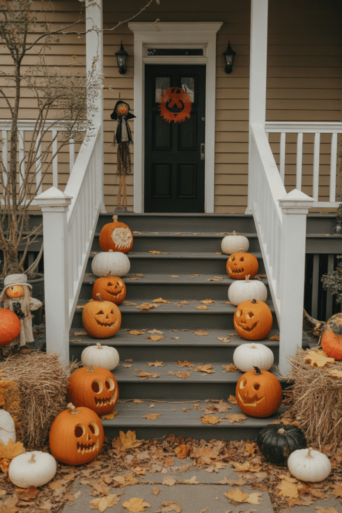 As a part of halloween porch decor ideas this picture shows Halloween porch with a mix of pumpkins, hay bales, and fall decor for a festive and spooky vibe.