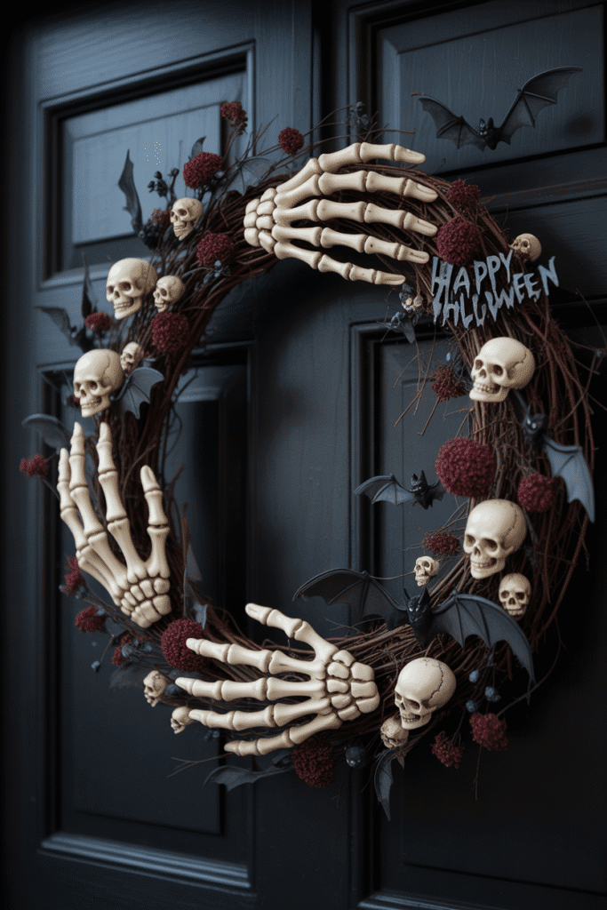 Skeleton hand wreath with skulls and spooky elements for a creepy, Halloween-inspired look