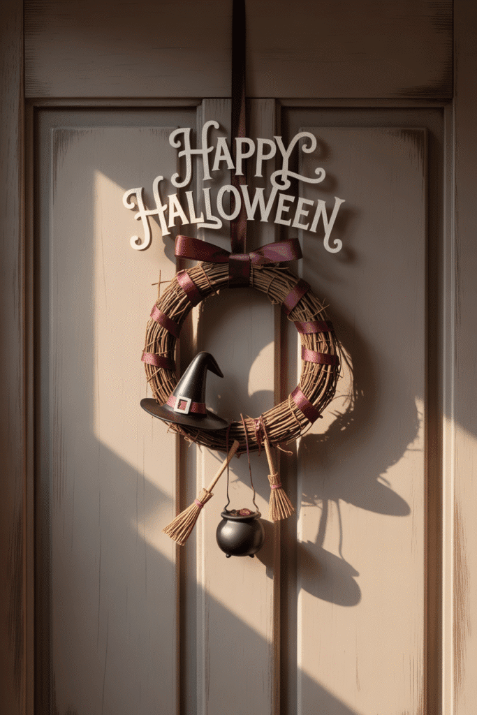 Witch-themed Halloween wreath with broomstick, dark ribbon, and spooky charms