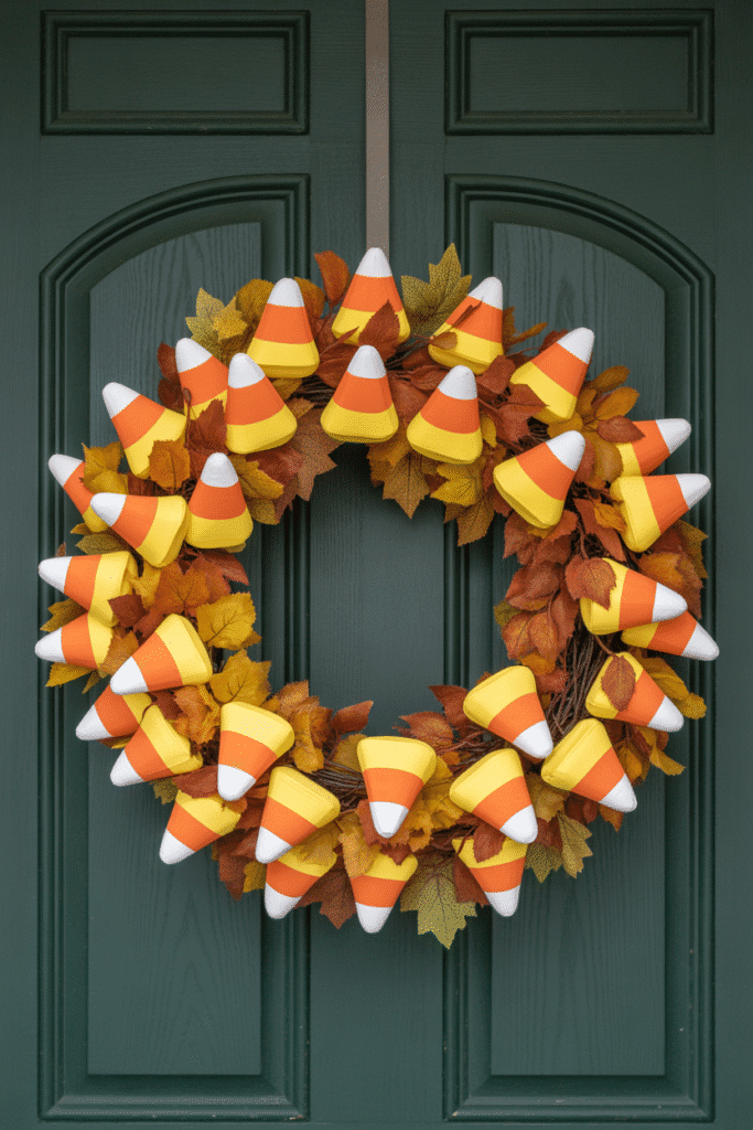 Halloween wreath made from candy corn colors in yellow, orange, and white, with festive fall touches