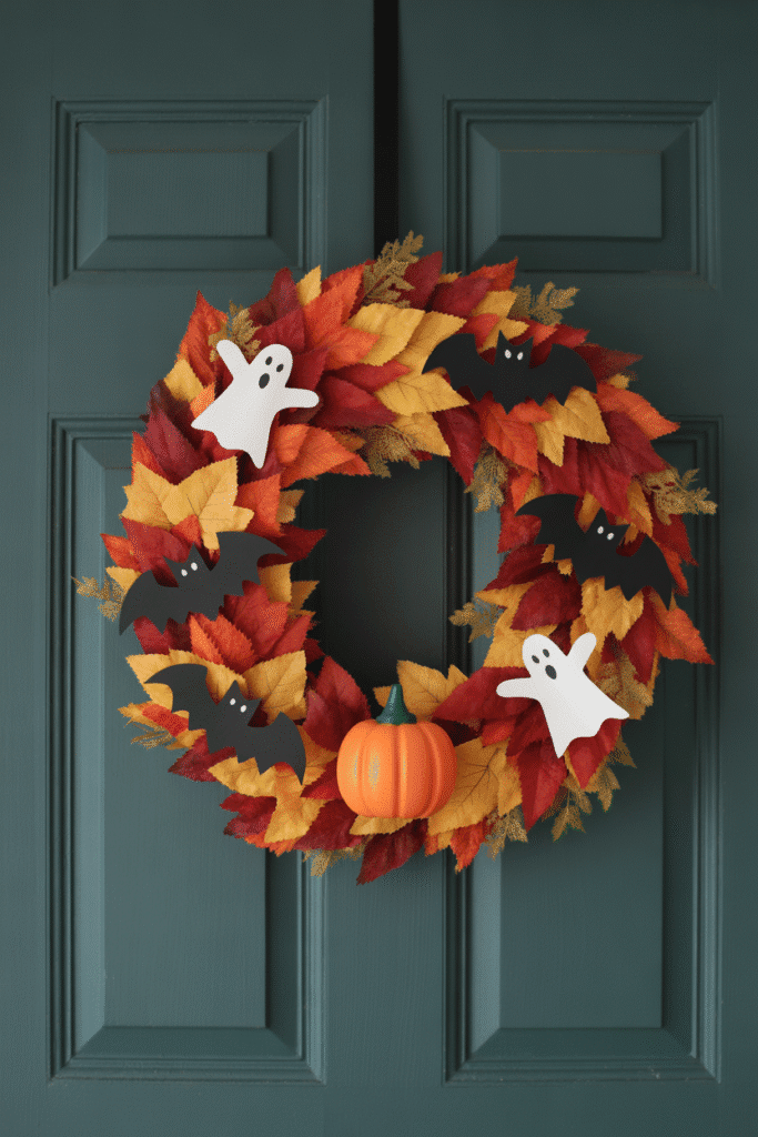Autumn-themed Halloween wreath with spooky touches like bats, ghosts, and pumpkin accents