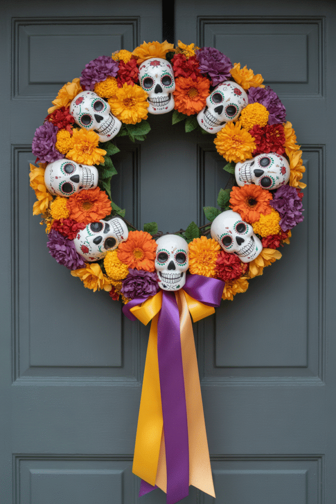 Day of the Dead-inspired Halloween wreath with sugar skulls, marigolds, and bright colors