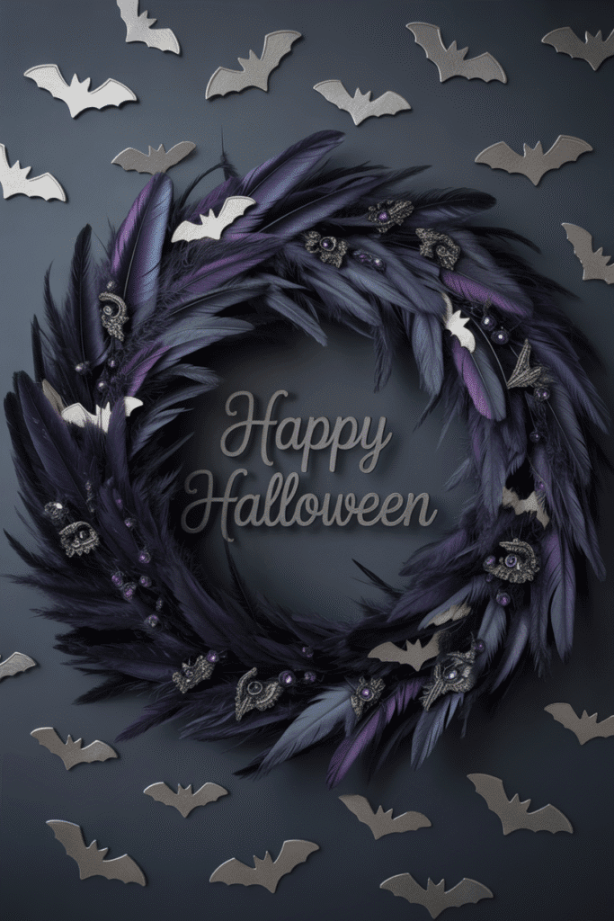 Halloween wreath with black feathers and bat accents for a gothic, spooky vibe