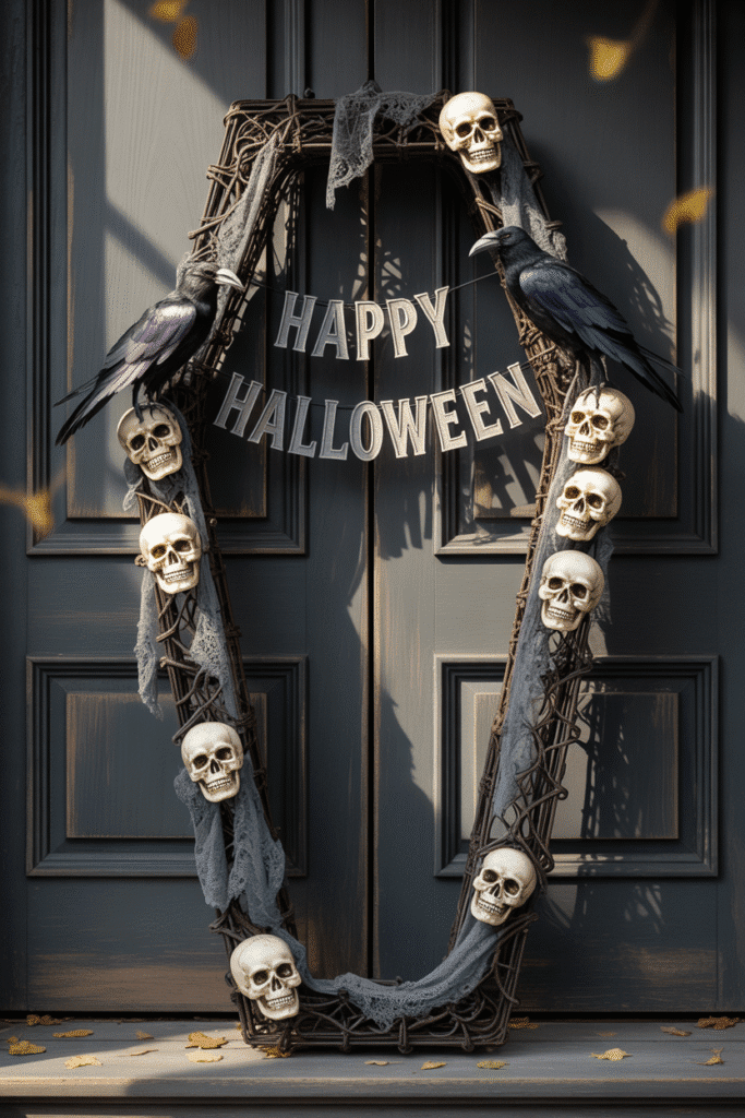 Coffin-shaped Halloween wreath with spooky skulls, lace, and dark accents