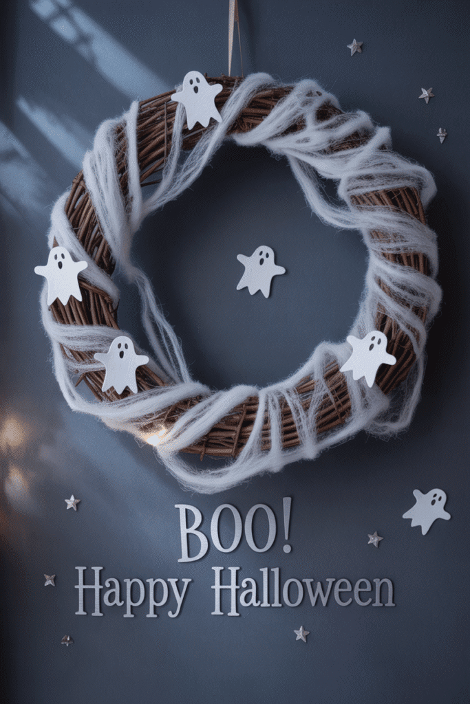 Ghostly Halloween wreath made from grapevine with flowing white fabric and tiny ghost accents