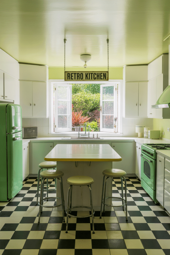 Mint green appliances add vintage charm to this retro-inspired kitchen.

